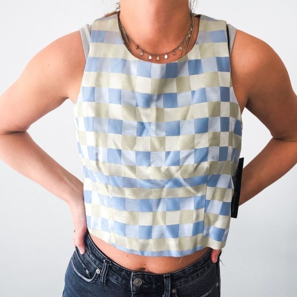 Clothes Circuit Vintage Checkered Crop‎ Top Blue Green Woven Side Button Medium
